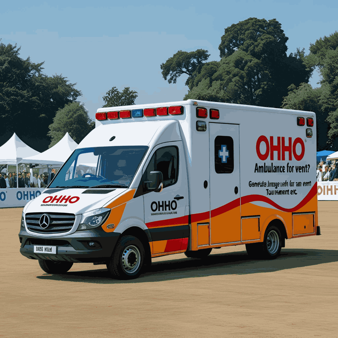 An elderly woman participating in a marathon with an ambulance in the background